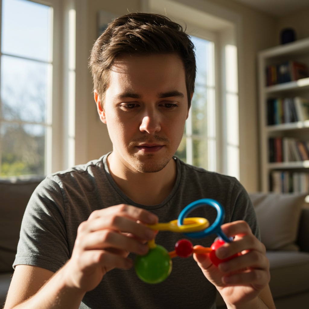 Young adult with Autism engaging with sensory toys in a calm, supportive environment, promoting self-regulation and sensory exploration.